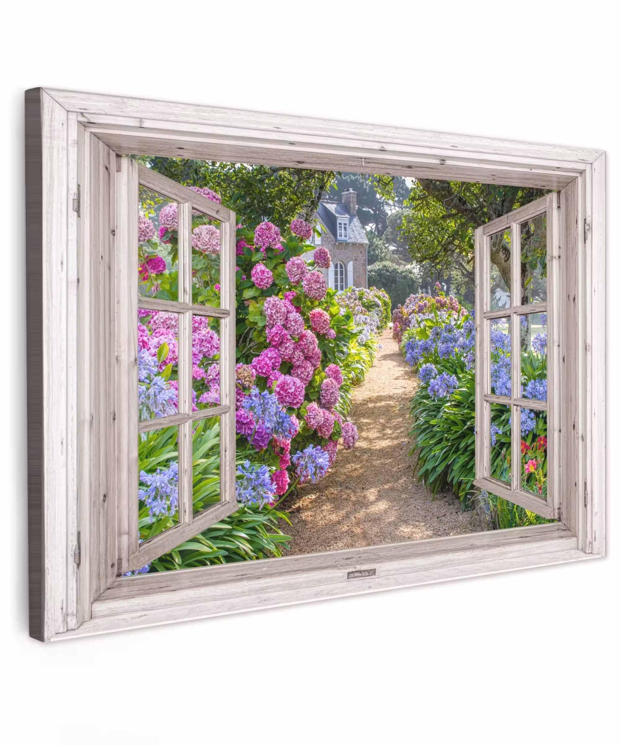 Canvas schilderij - Hortensia - Doorkijk - Bloemen - Zomer - Paars - Pad