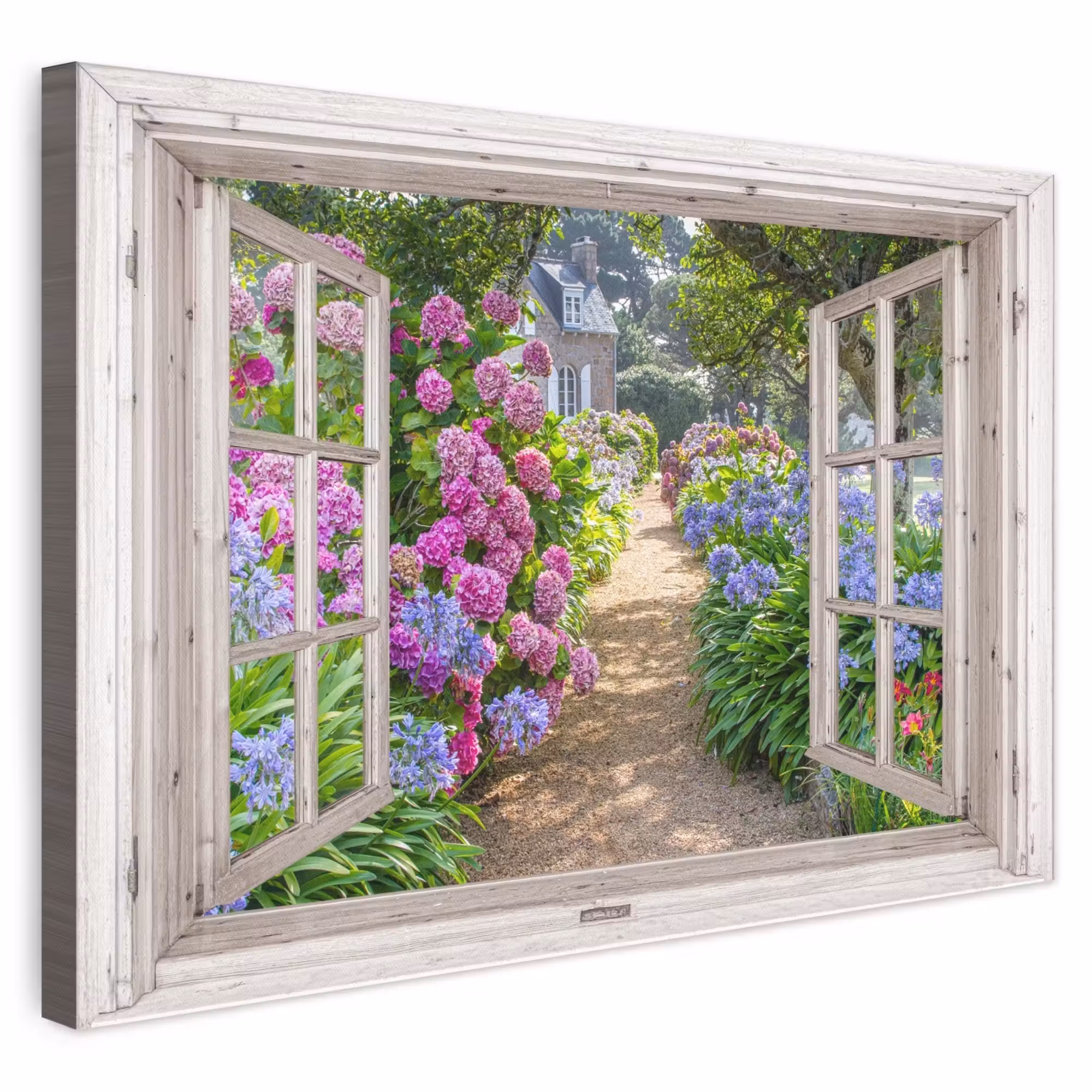 Canvas schilderij - Hortensia - Doorkijk - Bloemen - Zomer - Paars - Pad