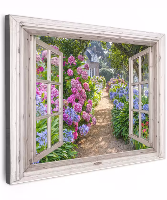 Canvas schilderij - Hortensia - Doorkijk - Bloemen - Zomer - Paars - Pad