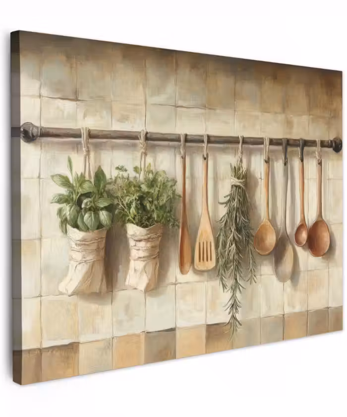 Canvas schilderij - Hout - Keukengerei - Stilleven - Tegels