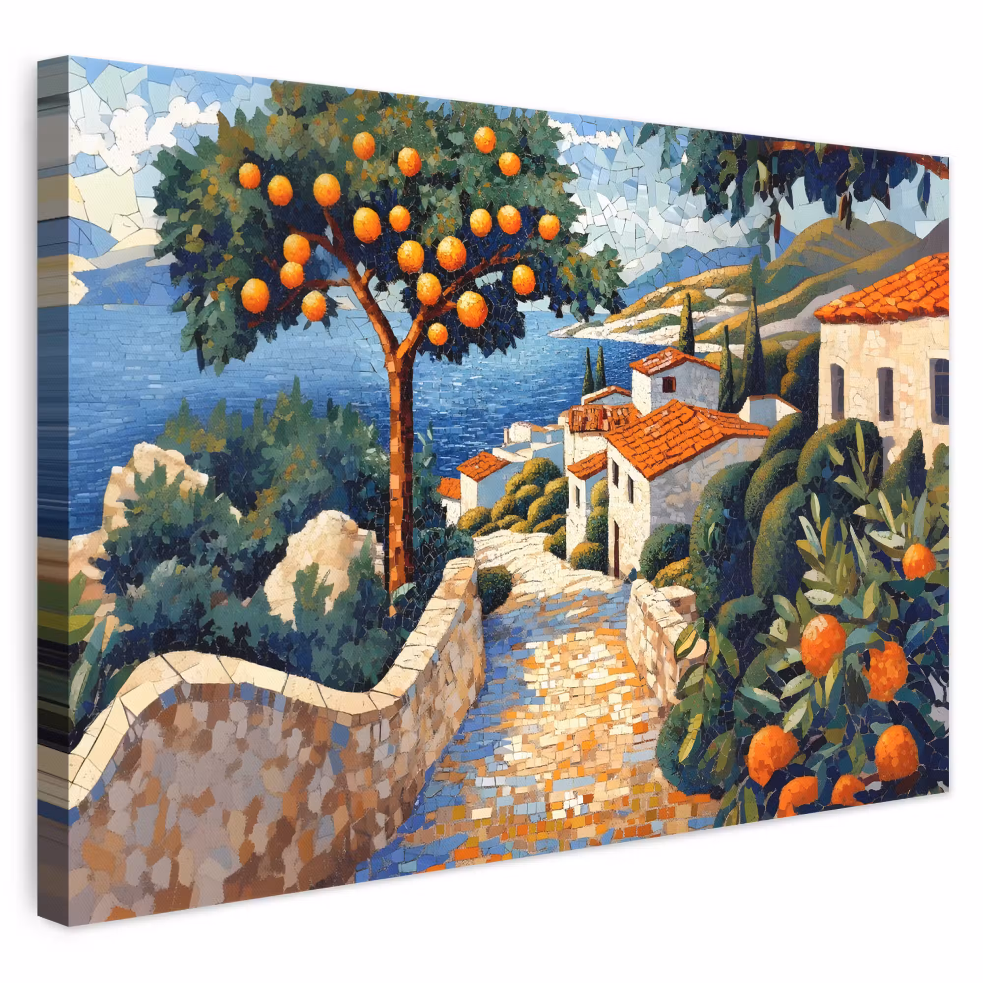 Canvas schilderij - Huizen - Mozaïek - Sinaasappelbomen - Zee