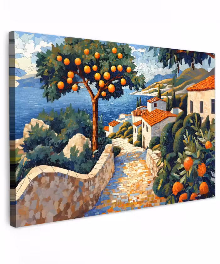 Canvas schilderij - Huizen - Mozaïek - Sinaasappelbomen - Zee