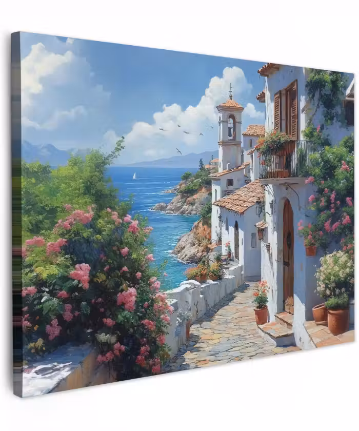 Canvas schilderij - Huizen - Zee - Bomen - Bloemen