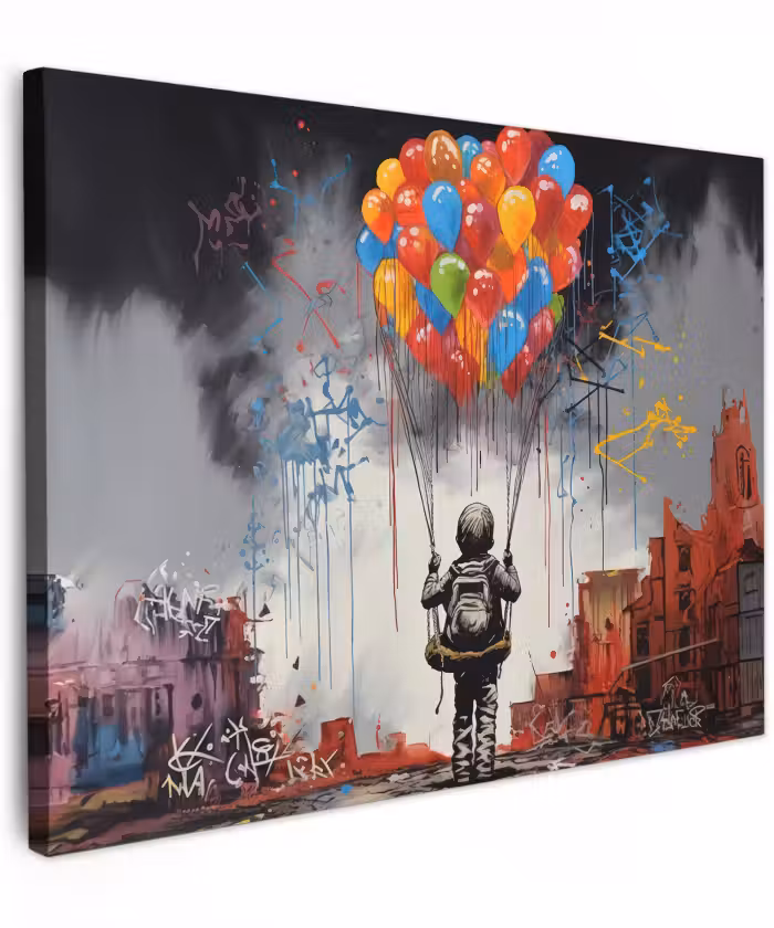 Canvas schilderij - Jongen - Ballonnen - Gebouwen - Kunst