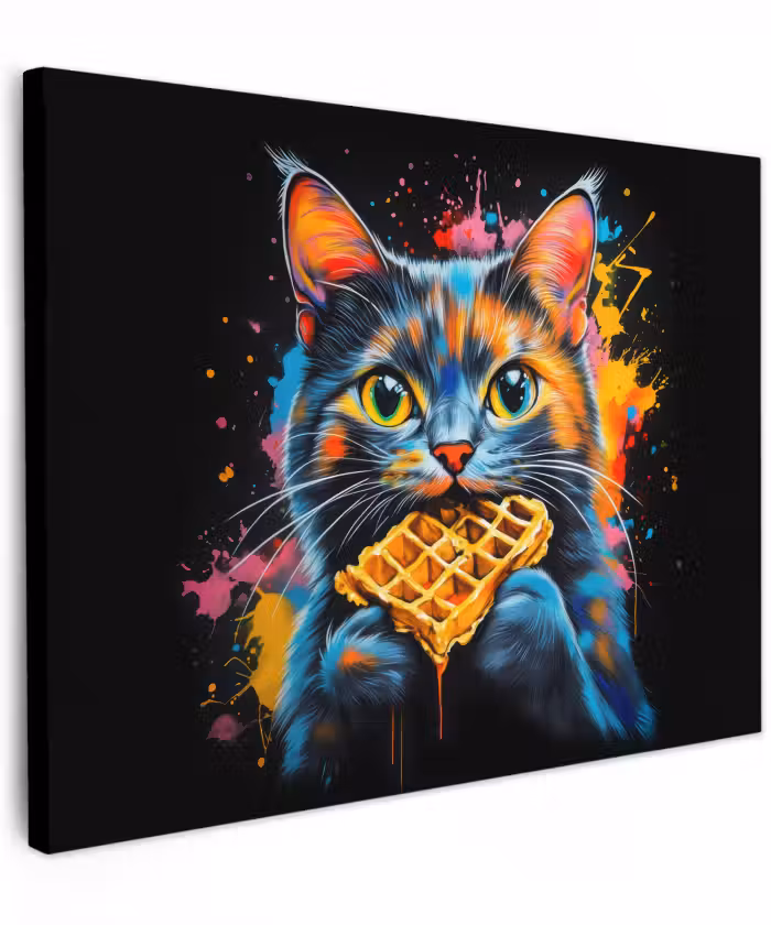 Canvas schilderij - Kat - Graffiti - Kleurrijk - Wafel - Eten