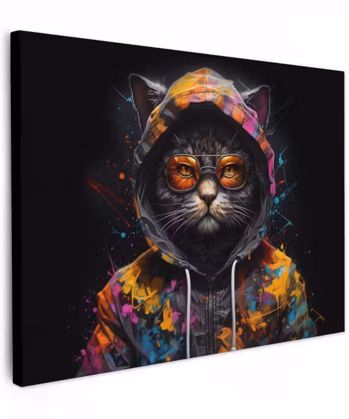 Canvas schilderij - Kat - Jas - Graffiti - Bril - Zwart