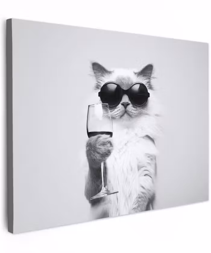 Canvas schilderij - Kat - Zonnebril - Wijnglas - Langharig