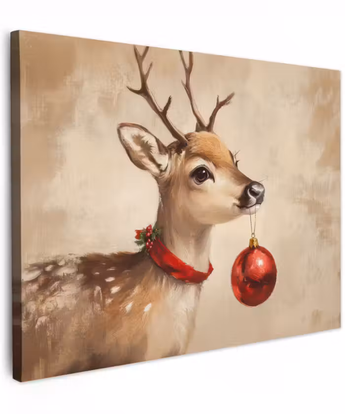 Canvas schilderij - Kerst - Hert - Gewei - Kerstbal - Rendier