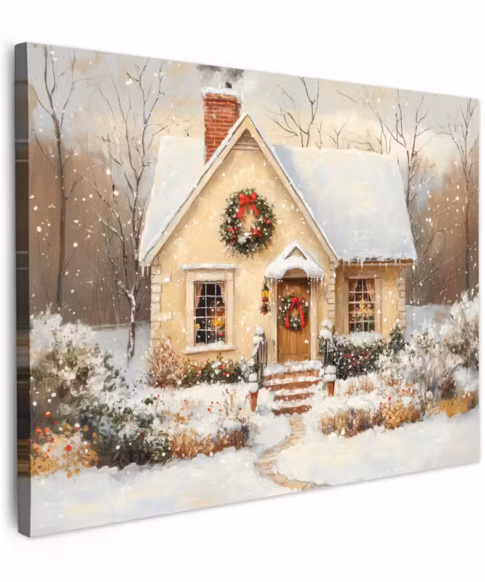 Canvas schilderij - Kerst - Huis - Winter - Sneeuw