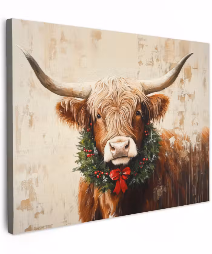 Canvas schilderij - Kerst - Schotse Hooglander - Bruin - Krans