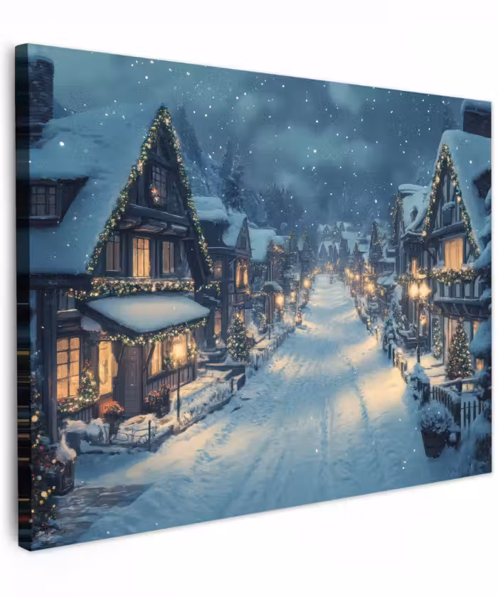 Canvas schilderij - Kerstdorp - Kerst - Sneeuw - Winter