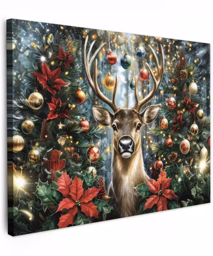 Canvas schilderij - Kerstfeest - Dennenbos - Rood