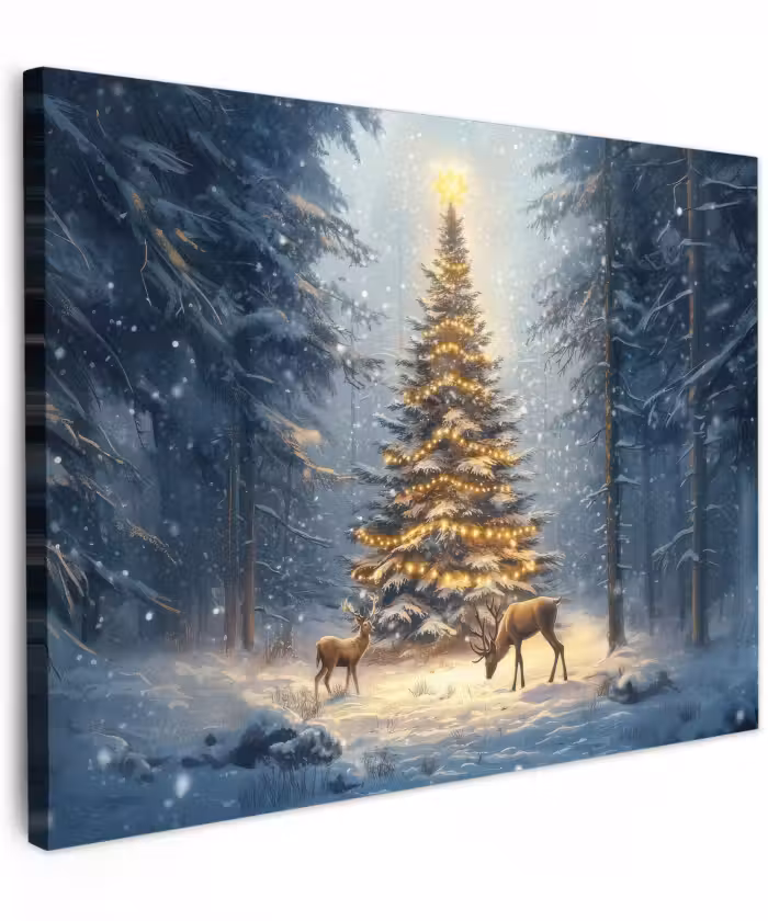 Canvas schilderij - Kerstlicht - Woud - Hert - Donker