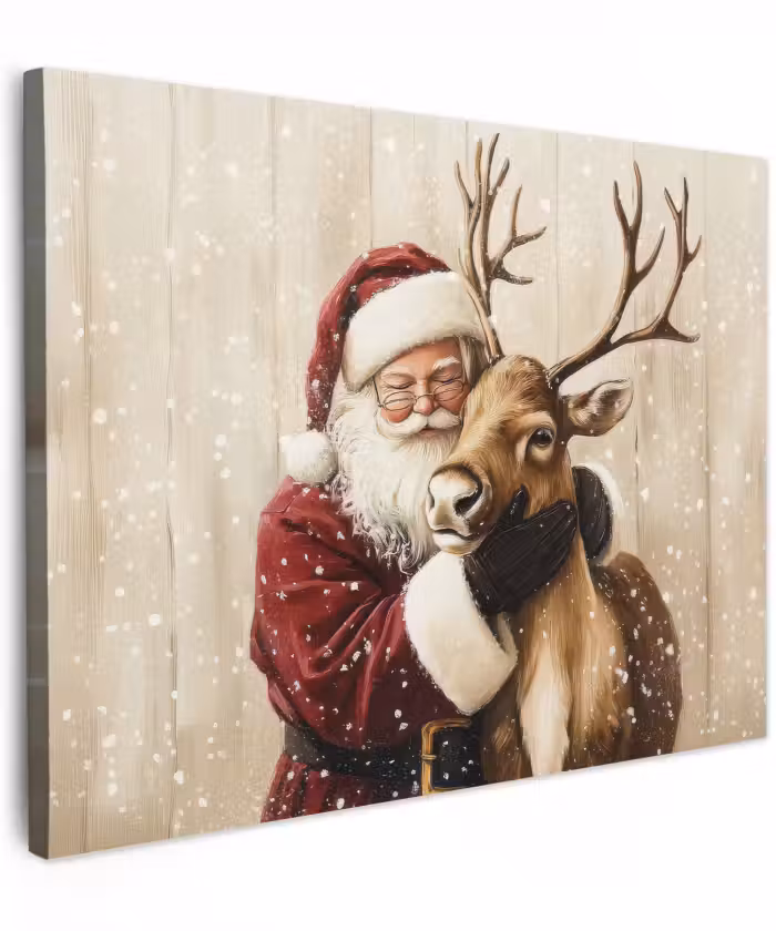 Canvas schilderij - Kerstman - Rendier - Sneeuw - Kleurrijk