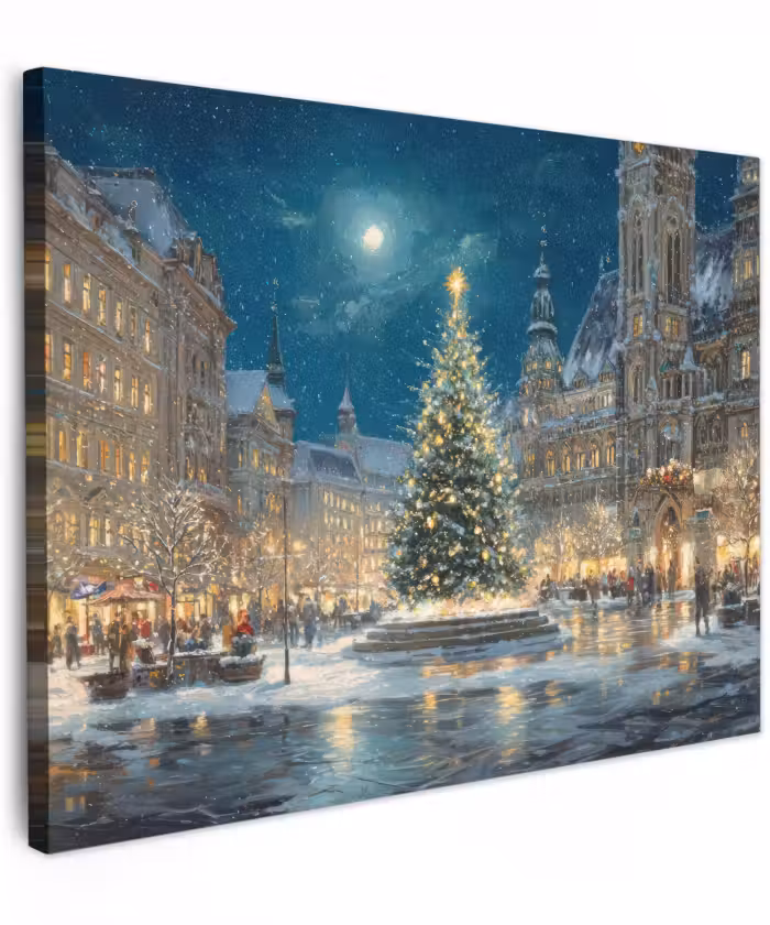 Canvas schilderij - Kerstnacht - Stadsplein - Meerkleurig