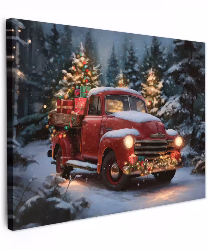 Canvas schilderij - Kersttruck - Sneeuwbos - Rood
