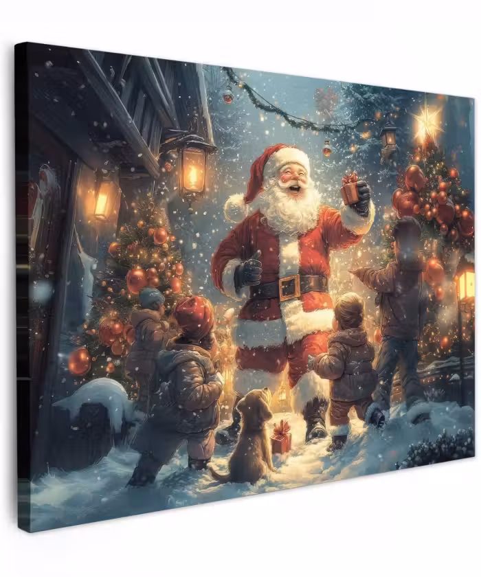 Canvas schilderij - Kerstvreugde - Sneeuw - Kleurrijk