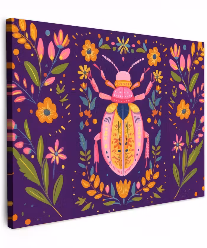 Canvas schilderij - Kever - Felgekleurd - Bloemen - Bladeren