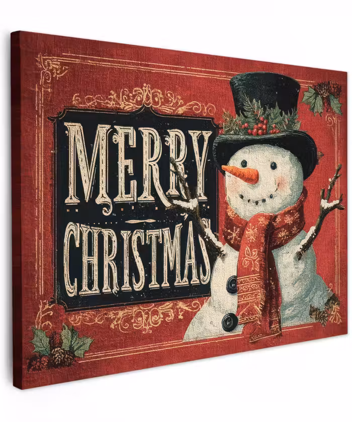 Canvas schilderij - Klassiek - Kerstgroet - Sneeuwpop - Rood