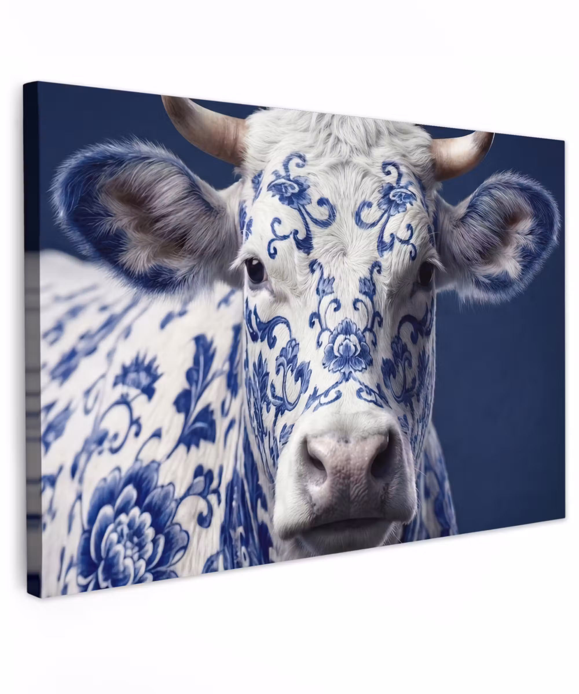Canvas schilderij - Koe - Delfts - Blauw - Artistiek