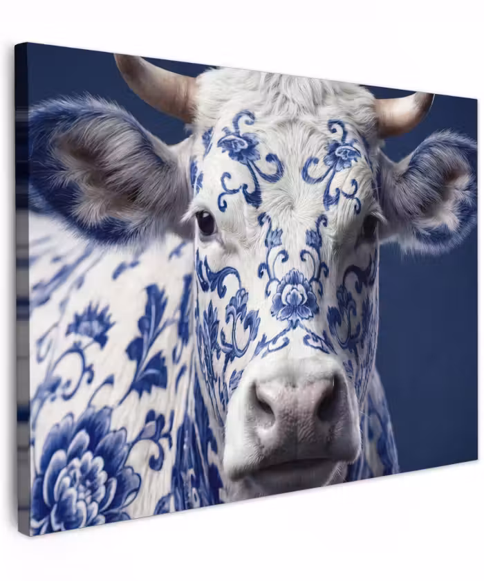 Canvas schilderij - Koe - Delfts - Blauw - Artistiek