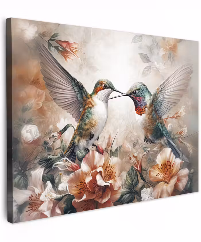 Canvas schilderij - Kolibrie - Vogels - Bloemen - Natuur