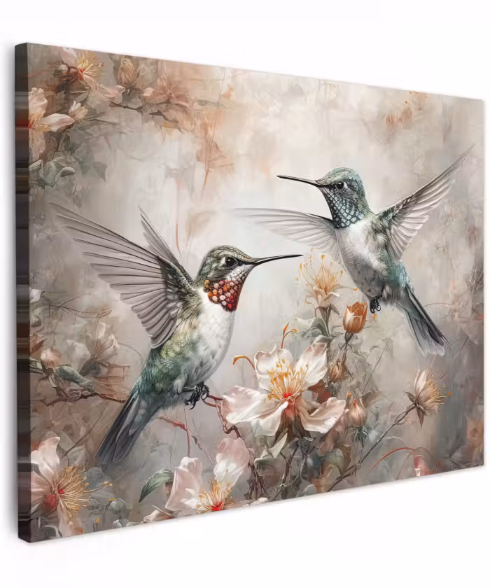 Canvas schilderij - Kolibrie - Vogels - Bloemen - Planten