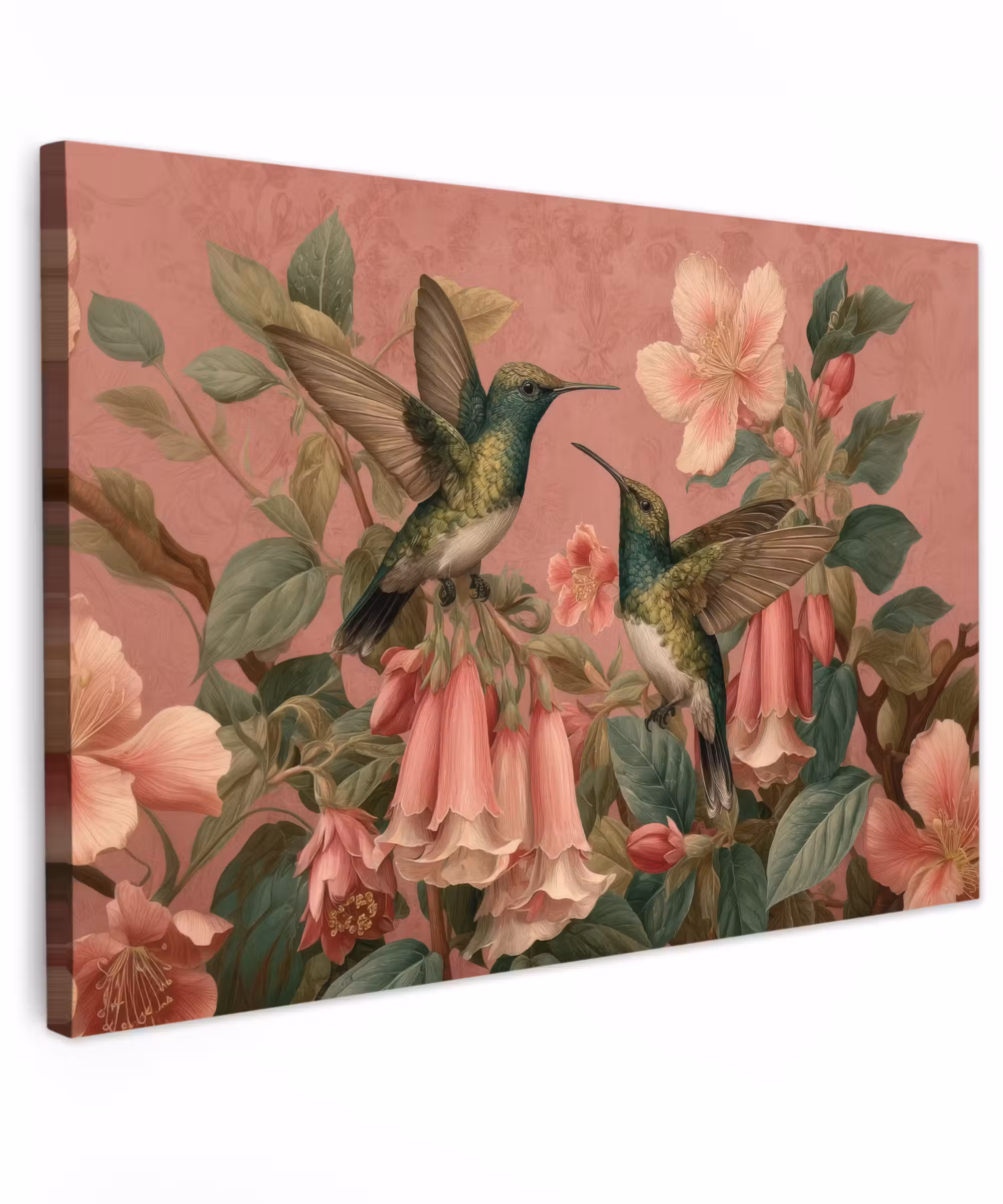 Canvas schilderij - Kolibries - Bloemen - Groen - Roze