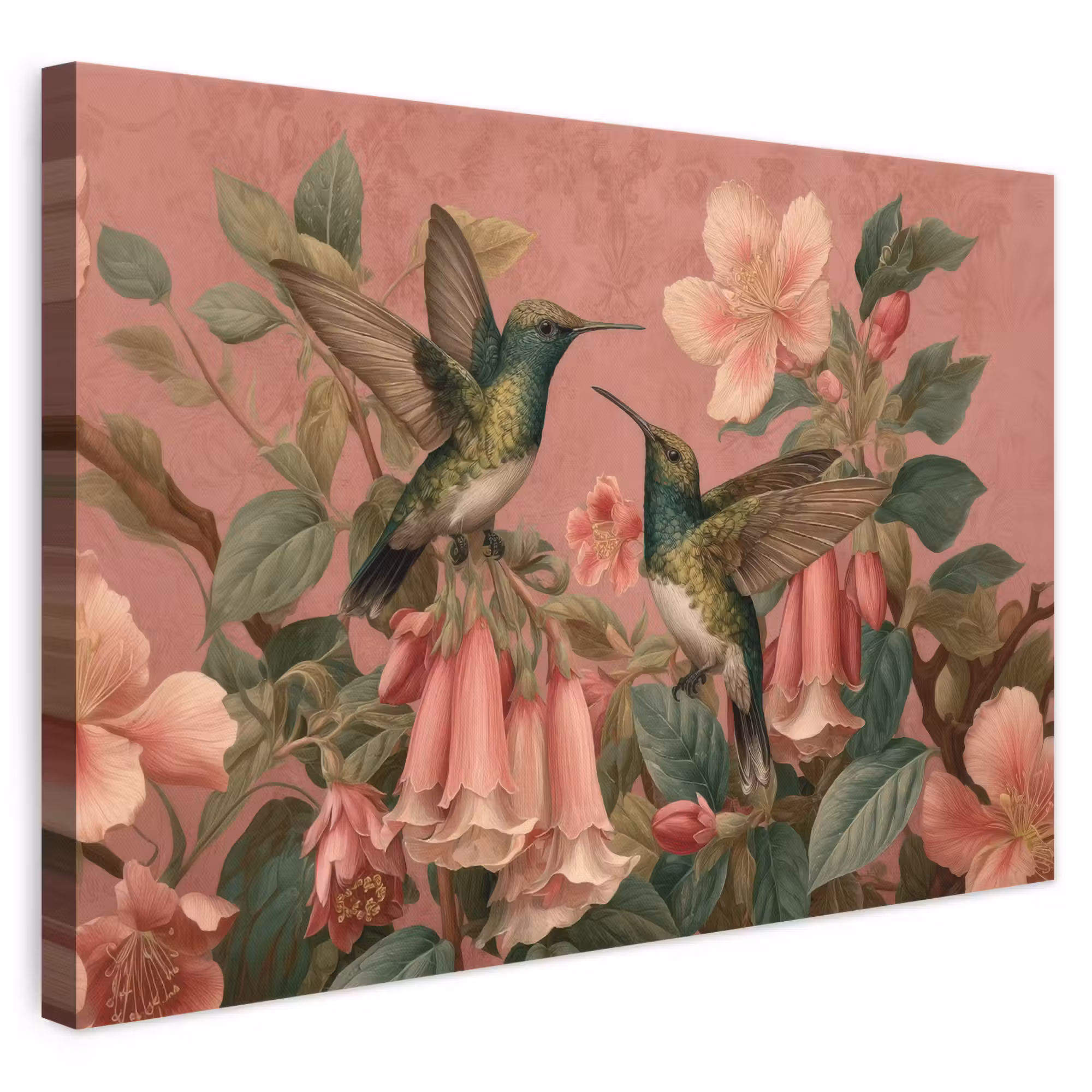 Canvas schilderij - Kolibries - Bloemen - Groen - Roze