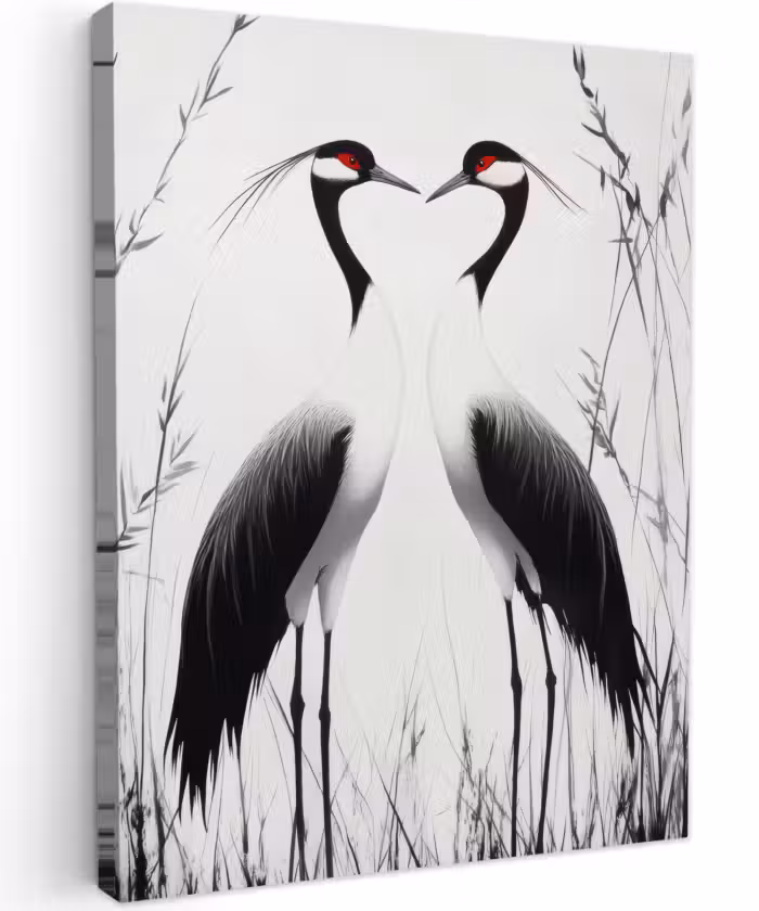 Canvas schilderij - Kraanvogels - Gras - Hartvorm - Zwart