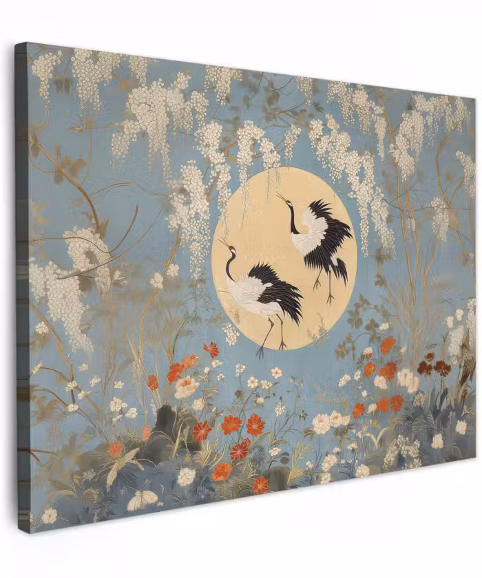Canvas schilderij - Kraanvogels - Maan - Bloemen - Blauw