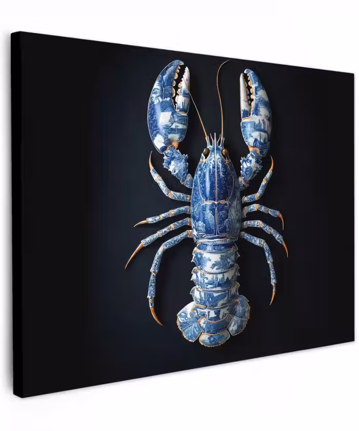 Canvas schilderij - Kreeft - Delftsblauw - Schild - Stoer
