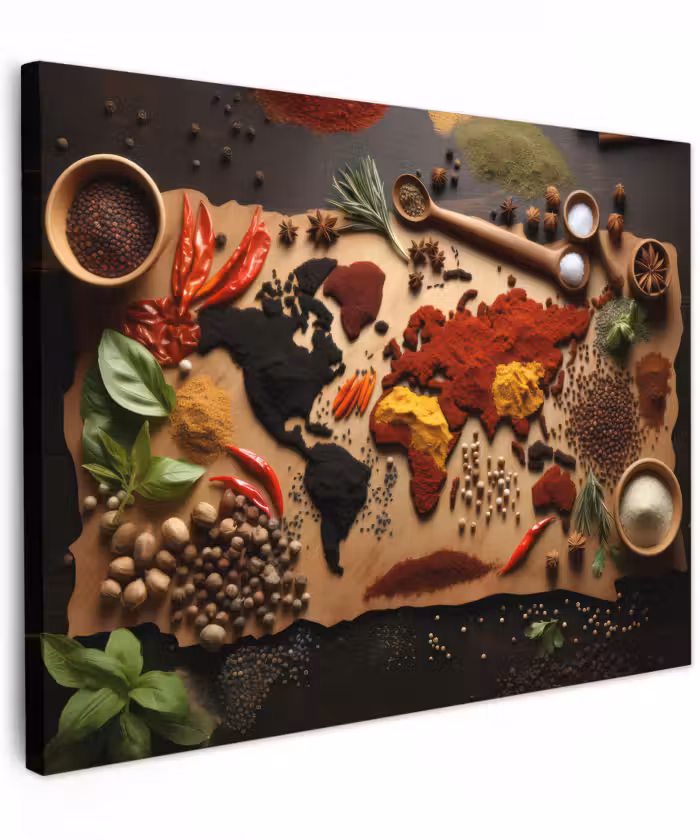 Canvas schilderij - Kruiden - Specerijen - Wereldkaart - Bruin - Lepel - Kleurrijk