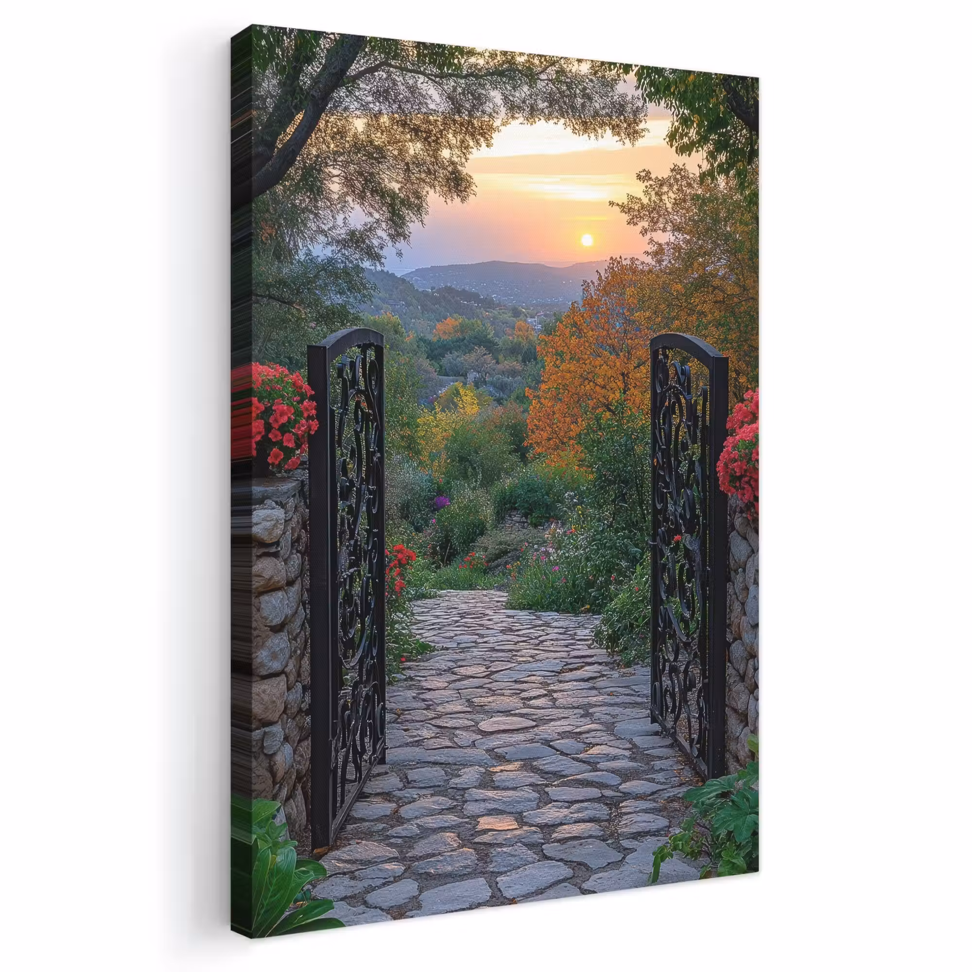 Canvas schilderij - Landschap - Hek - Pad - Zonsondergang - Natuur