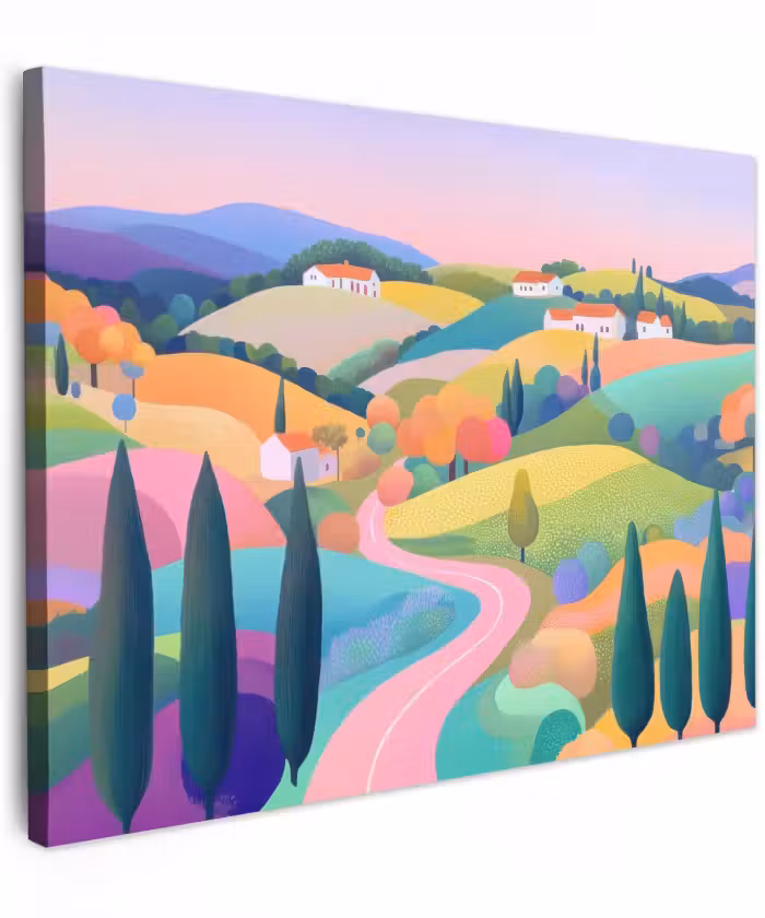 Canvas schilderij - Landschap - Paars - Pastel - Huizen