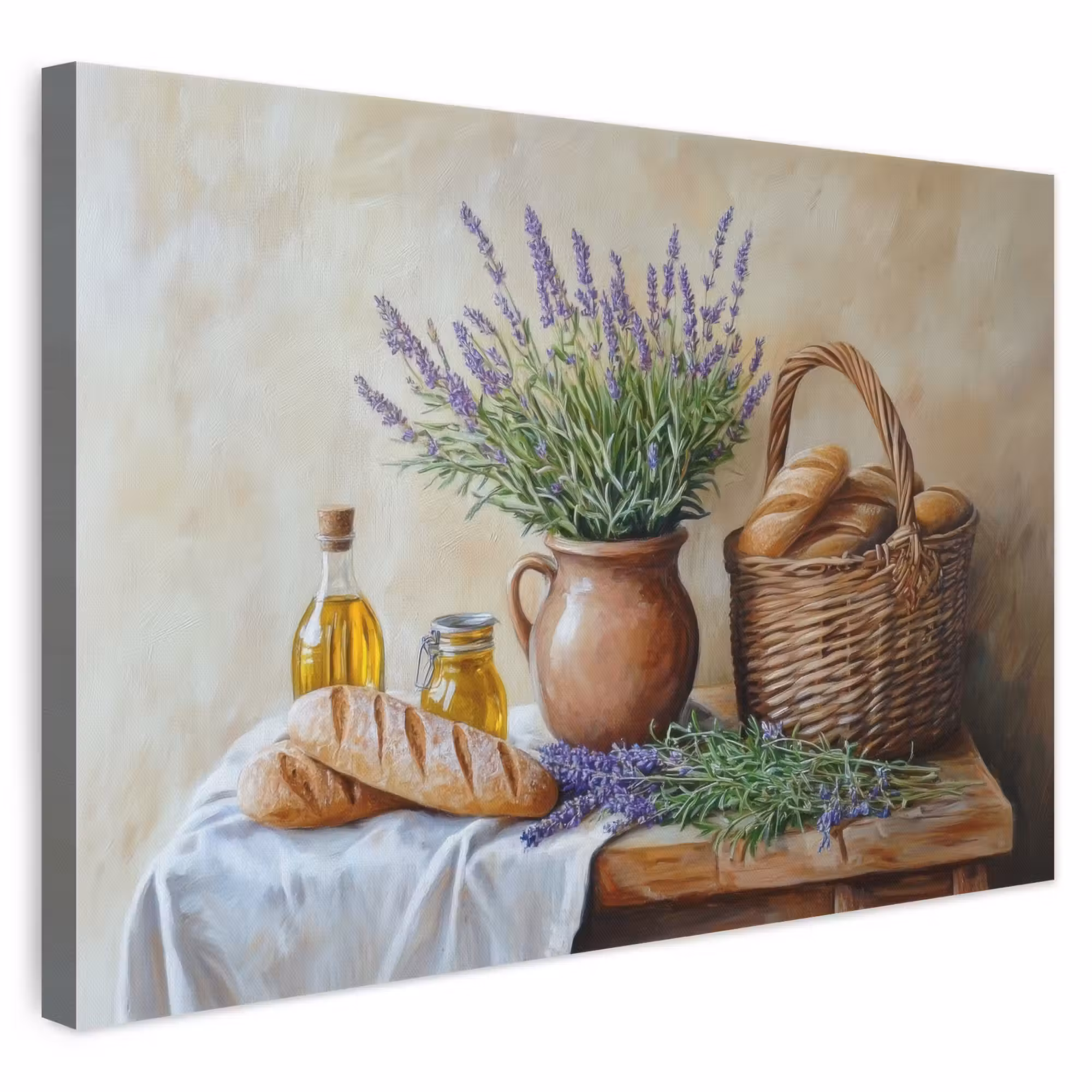 Canvas schilderij - Lavendel - Brood - Stilleven