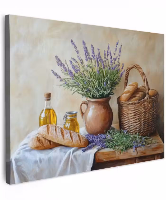 Canvas schilderij - Lavendel - Brood - Stilleven