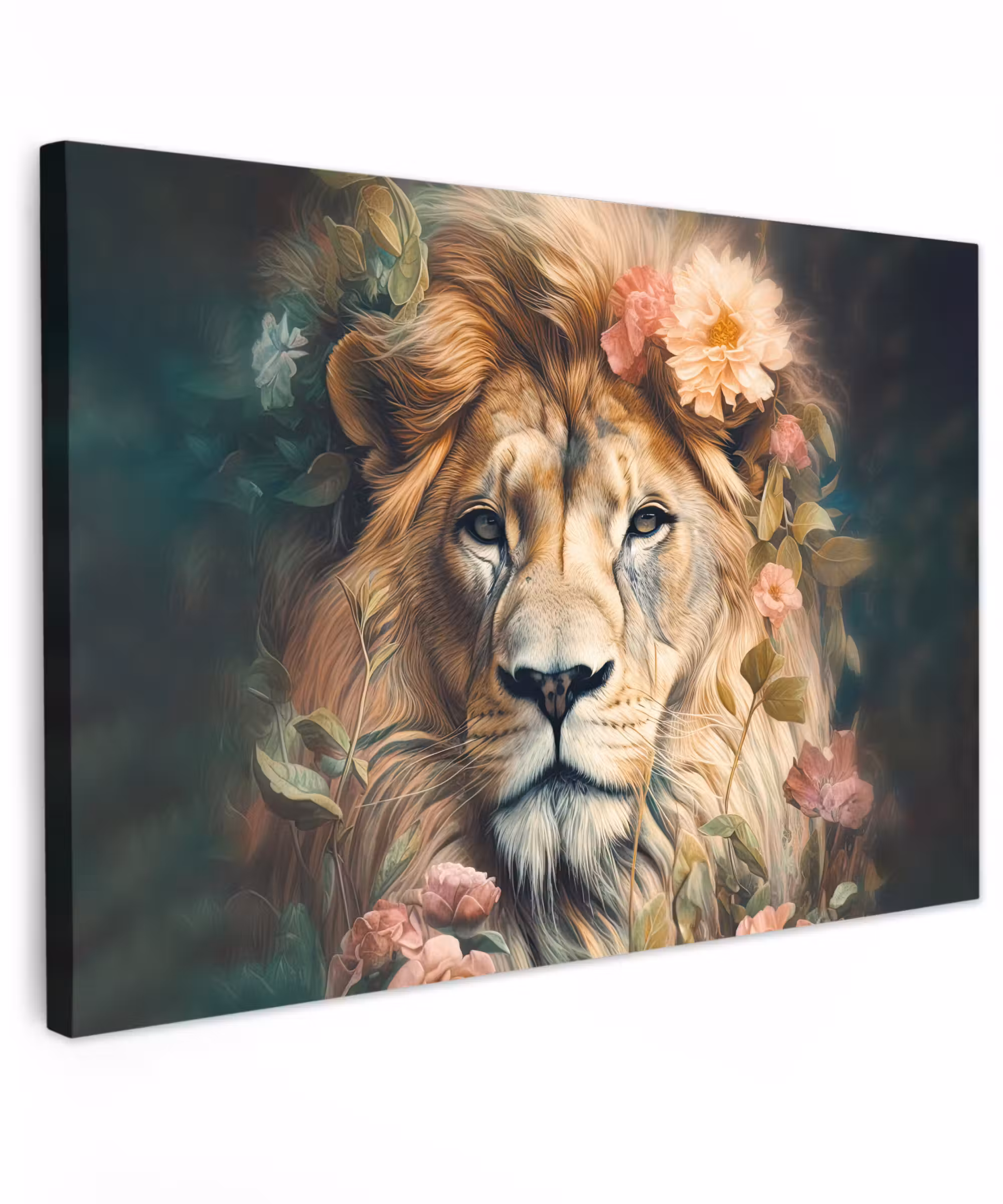 Canvas schilderij - Leeuw - Leeuwenkop - Wilde dieren - Bloemen
