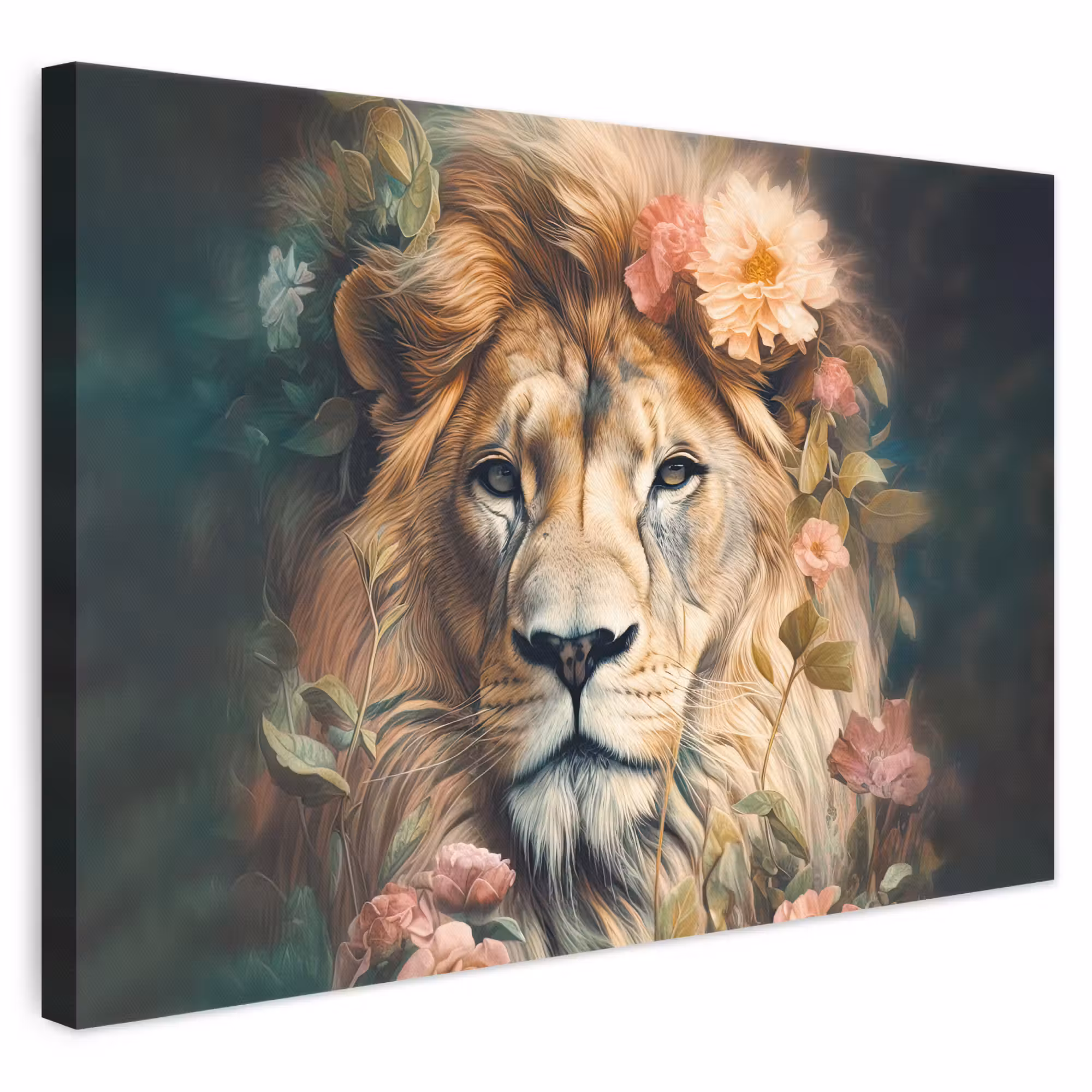 Canvas schilderij - Leeuw - Leeuwenkop - Wilde dieren - Bloemen