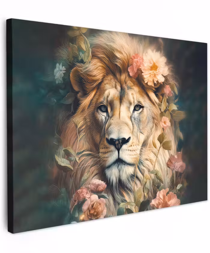 Canvas schilderij - Leeuw - Leeuwenkop - Wilde dieren - Bloemen