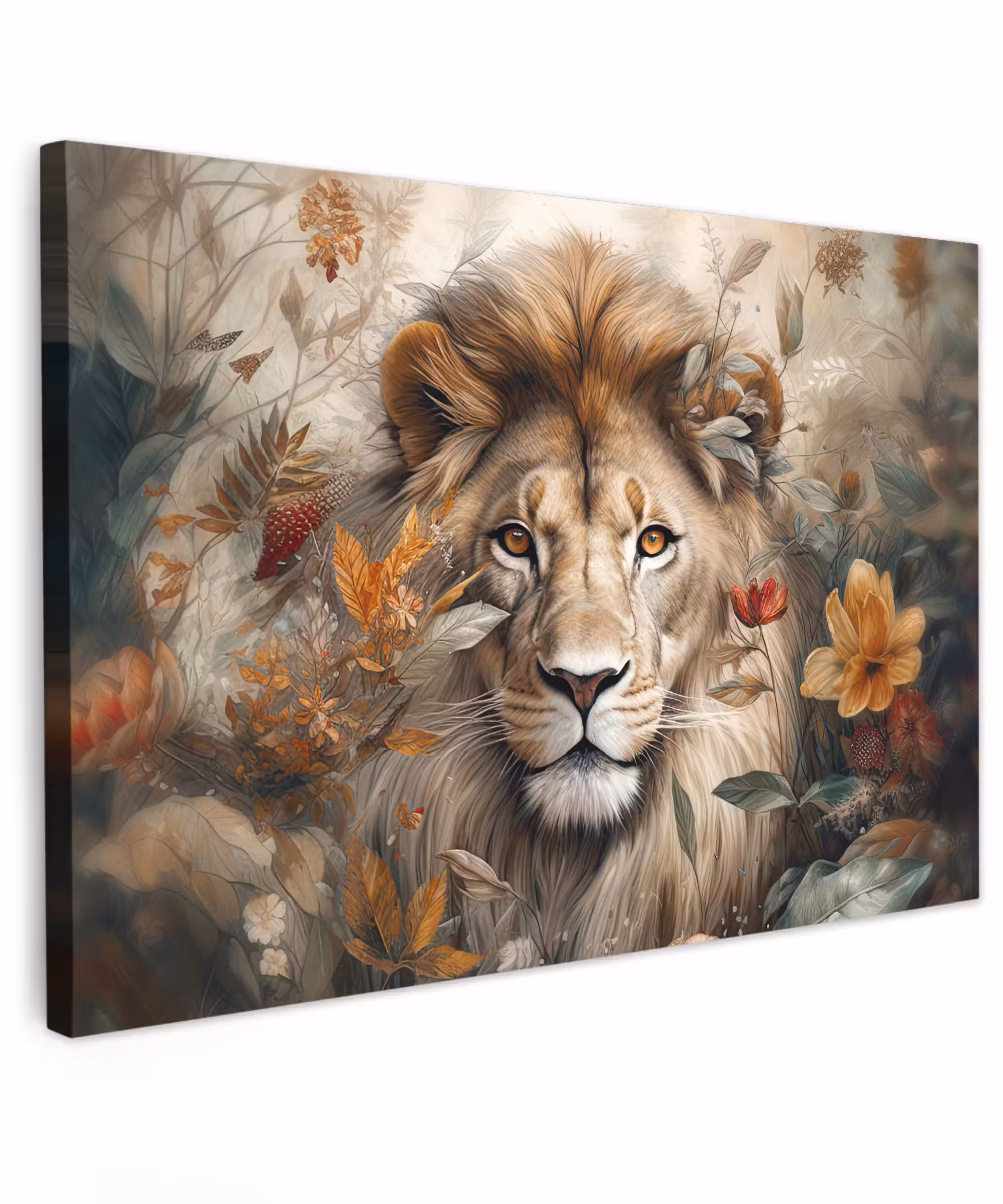 Canvas schilderij - Leeuw - Wilde dieren - Planten - Natuur - Bloemen