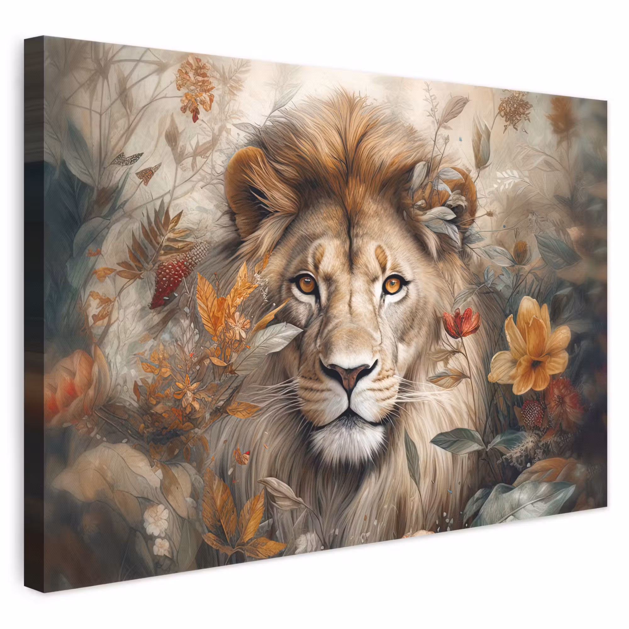 Canvas schilderij - Leeuw - Wilde dieren - Planten - Natuur - Bloemen