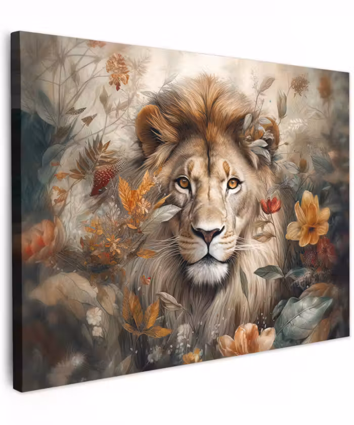 Canvas schilderij - Leeuw - Wilde dieren - Planten - Natuur - Bloemen