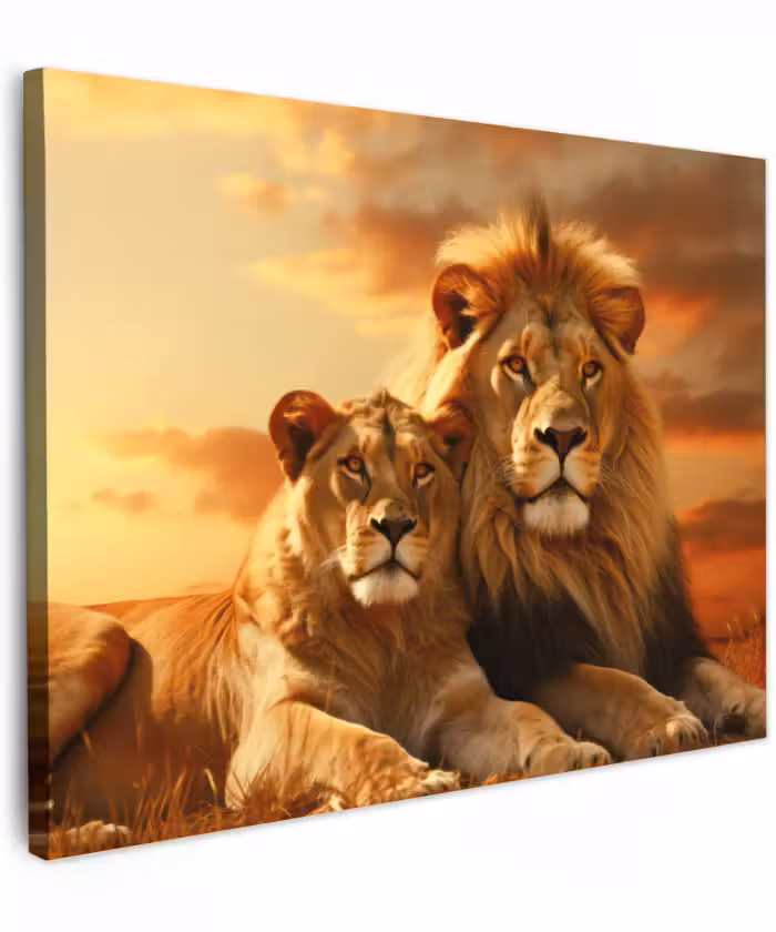 Canvas schilderij - Leeuwen - Zonsondergang - Afrika - Savanne - Dieren