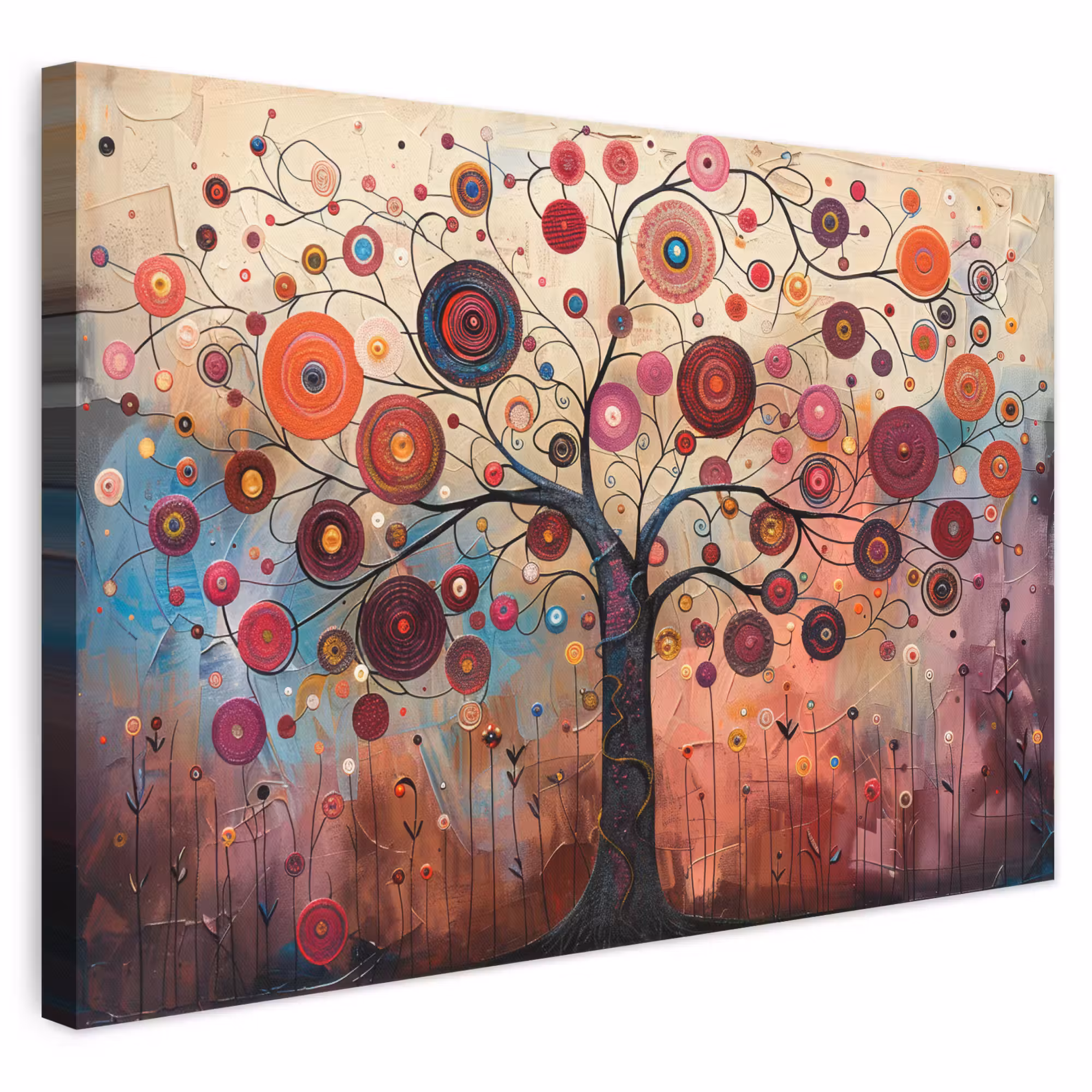 Canvas schilderij - Levensboom - Bloemen - Roze - Hippie - Kunst