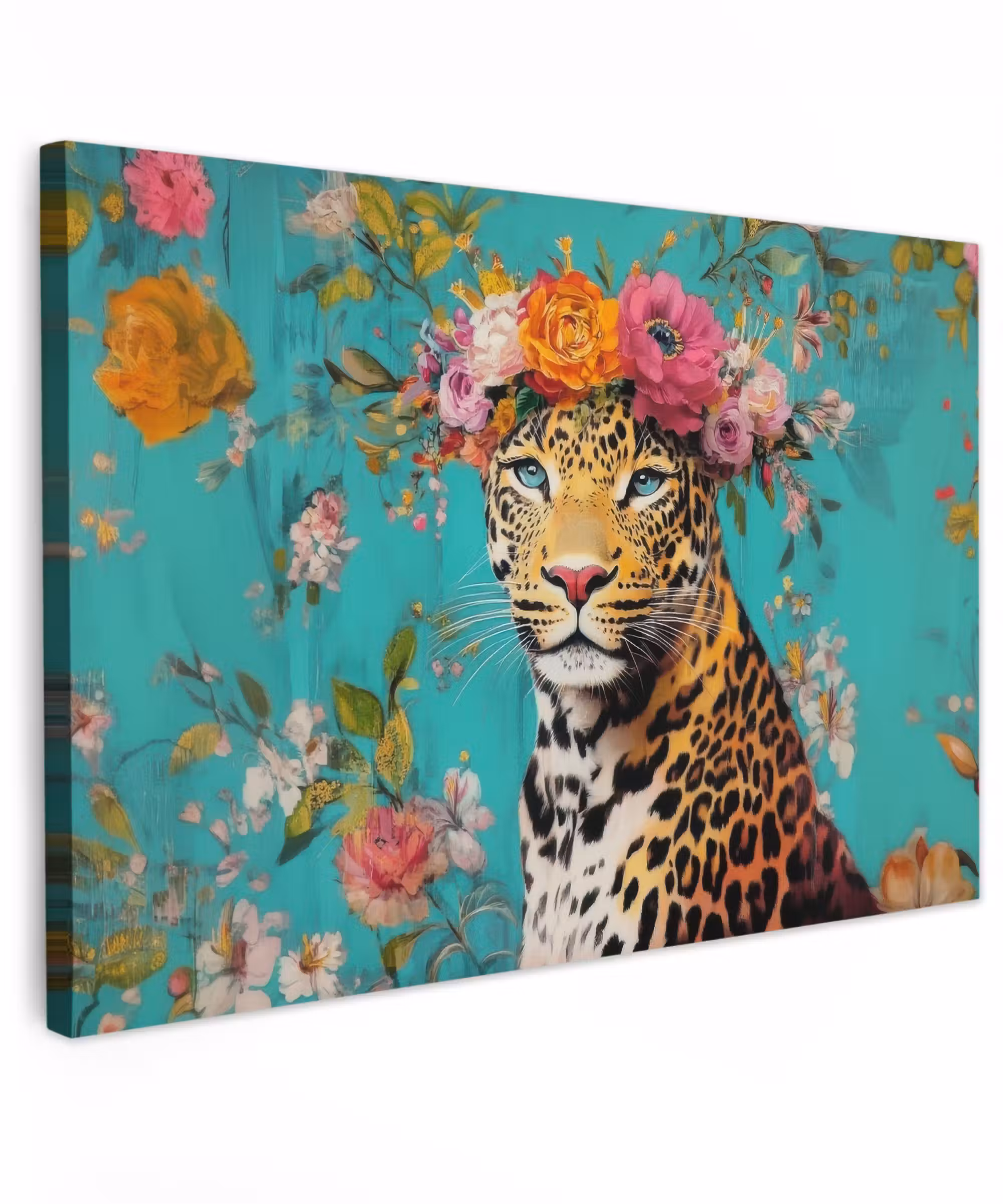 Canvas schilderij - Luipaard - Bloemen - Kroon