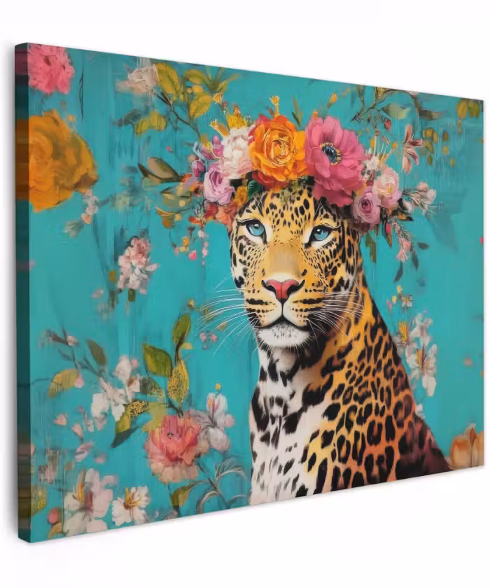 Canvas schilderij - Luipaard - Bloemen - Kroon