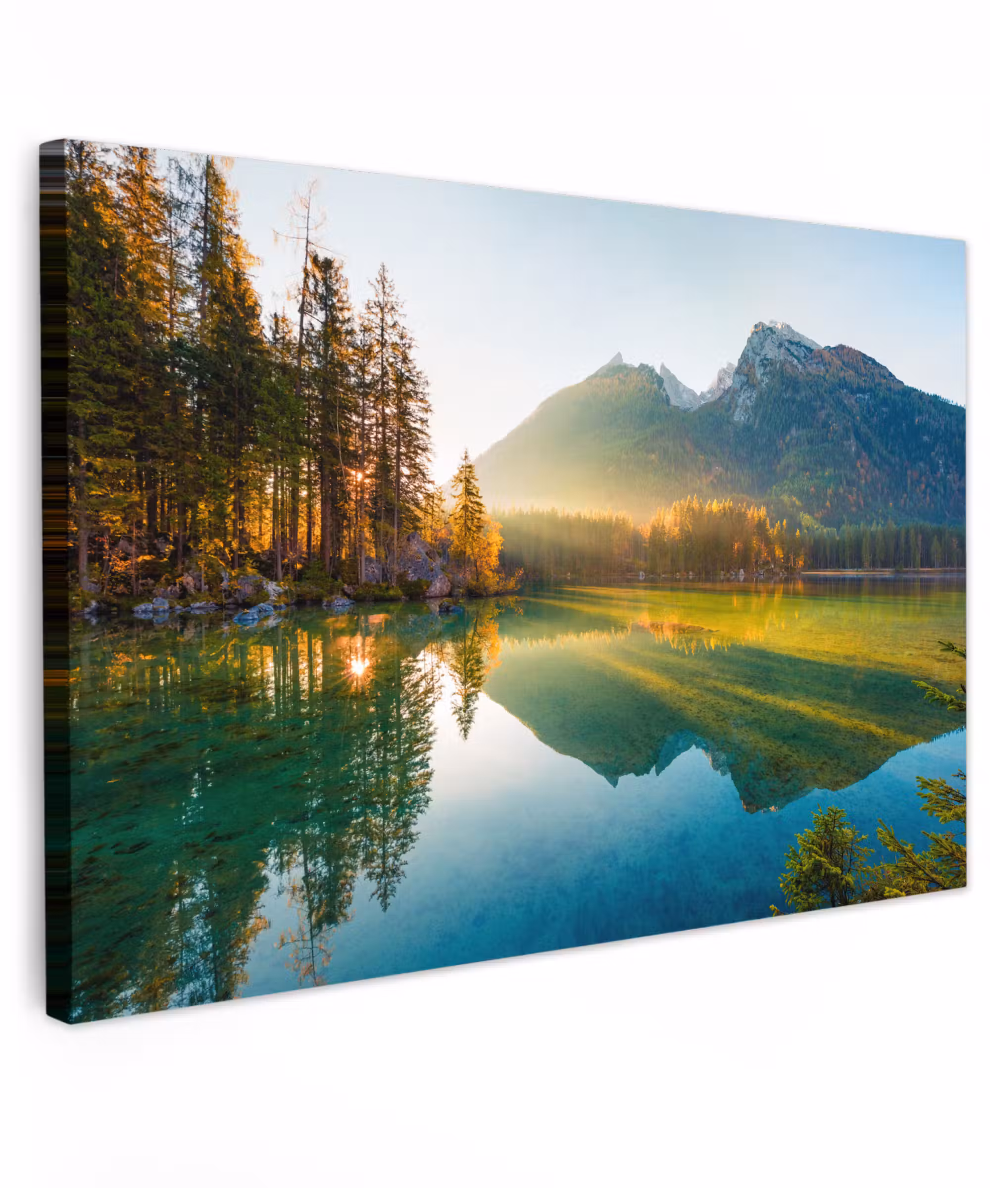 Canvas schilderij - Meer - Bos - Bergen - Natuur - Zon - Landschap