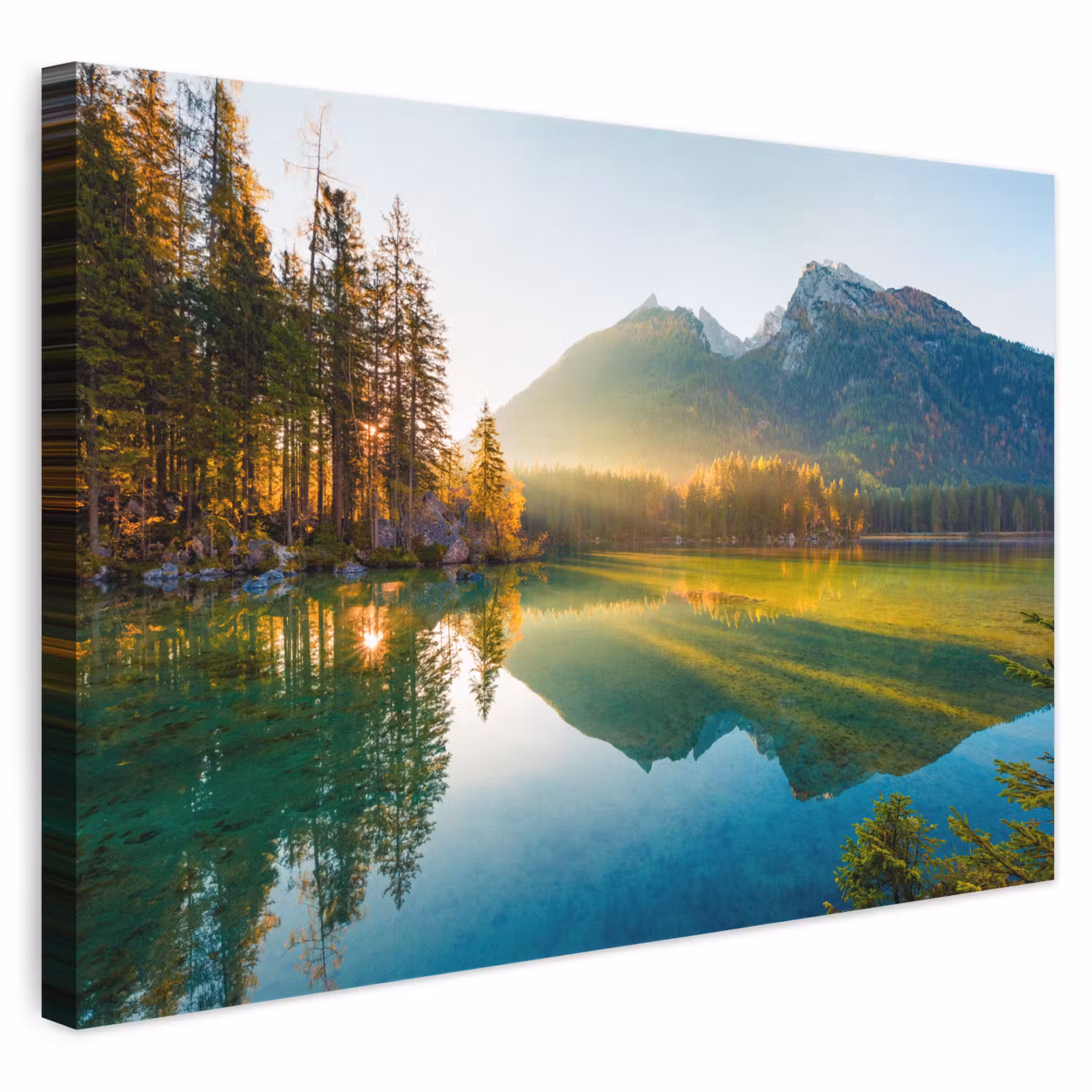 Canvas schilderij - Meer - Bos - Bergen - Natuur - Zon - Landschap