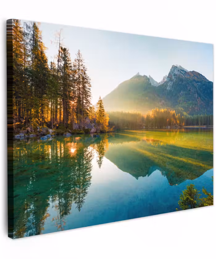 Canvas schilderij - Meer - Bos - Bergen - Natuur - Zon - Landschap